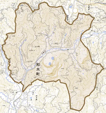 上十町とその周辺の地図。町の範囲を重ねている