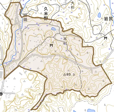 久米野とその周辺の地図。町の範囲を重ねている