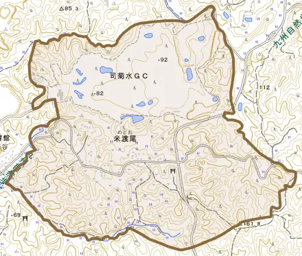 米渡尾とその周辺の地図。町の範囲を重ねている