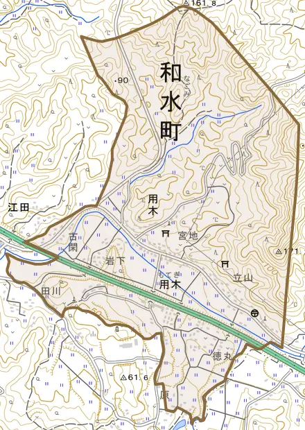 用木とその周辺の地図。町の範囲を重ねている