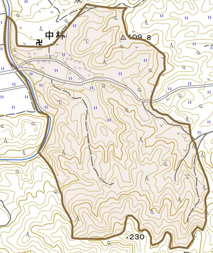 中林とその周辺の地図。町の範囲を重ねている