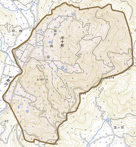 中十町とその周辺の地図。町の範囲を重ねている
