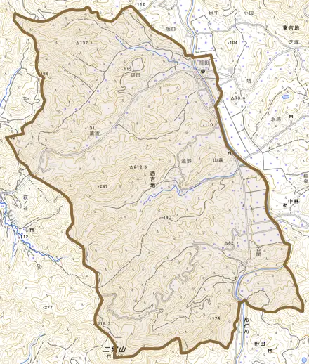 西吉地とその周辺の地図。町の範囲を重ねている