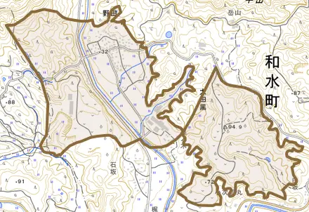 野田とその周辺の地図。町の範囲を重ねている