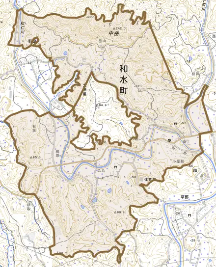 大田黒とその周辺の地図。町の範囲を重ねている