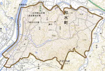 瀬川とその周辺の地図。町の範囲を重ねている
