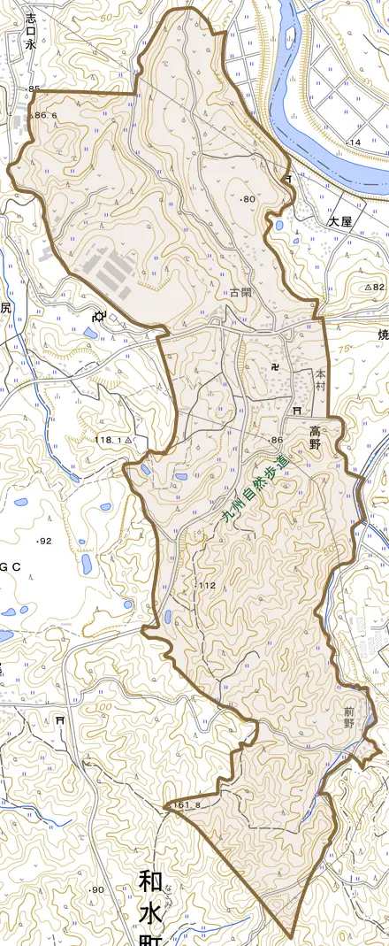 高野とその周辺の地図。町の範囲を重ねている