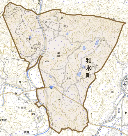 津田とその周辺の地図。町の範囲を重ねている
