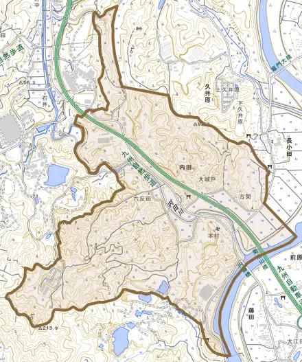 内田とその周辺の地図。町の範囲を重ねている