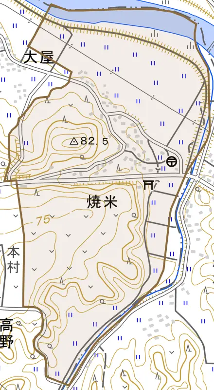 焼米とその周辺の地図。町の範囲を重ねている