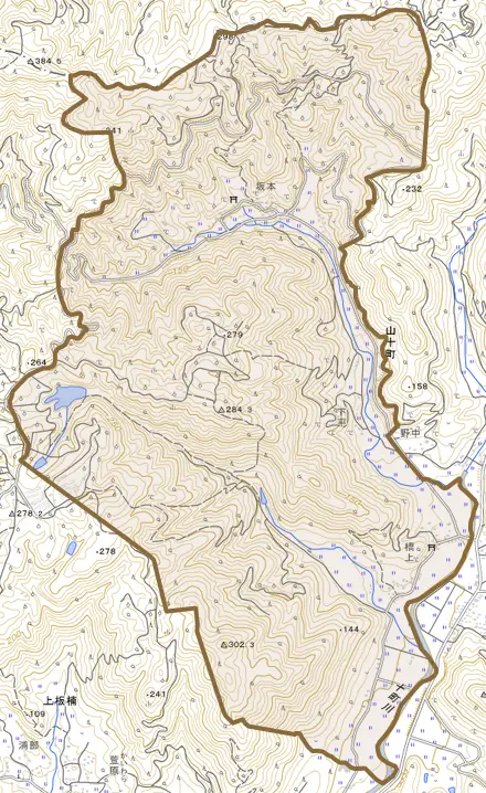 山十町とその周辺の地図。町の範囲を重ねている