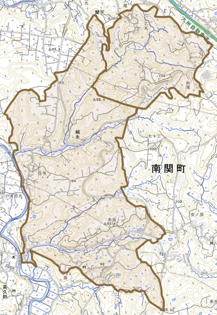 大字細永とその周辺の地図。町の範囲を重ねている