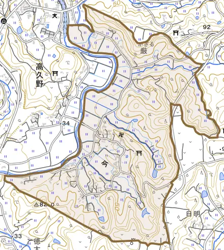 大字今とその周辺の地図。町の範囲を重ねている