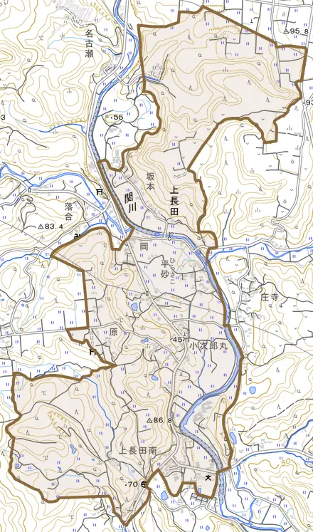 大字上長田とその周辺の地図。町の範囲を重ねている