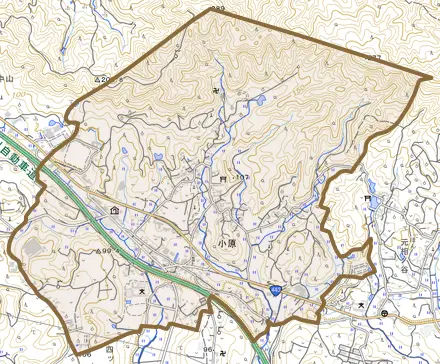 大字小原とその周辺の地図。町の範囲を重ねている