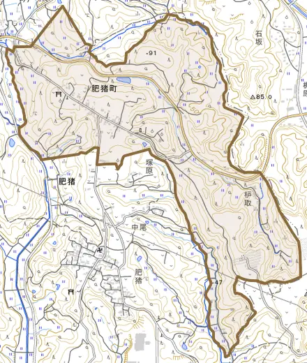 大字肥猪町とその周辺の地図。町の範囲を重ねている