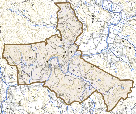 大字長山とその周辺の地図。町の範囲を重ねている