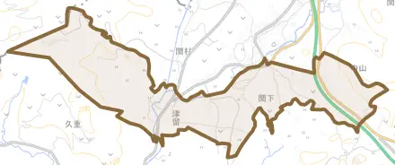 大字関下とその周辺の地図。町の範囲を重ねている