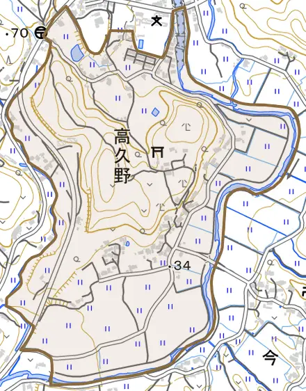 大字高久野とその周辺の地図。町の範囲を重ねている