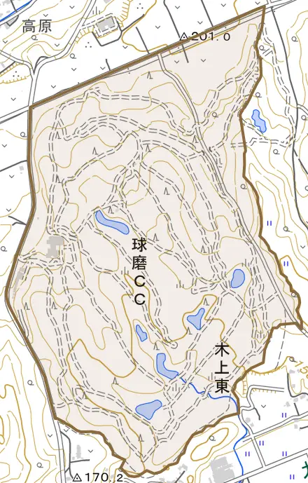 大字木上東とその周辺の地図。町の範囲を重ねている