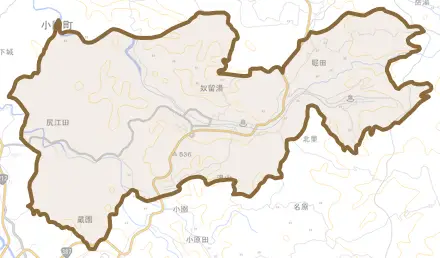 大字北里とその周辺の地図。町の範囲を重ねている