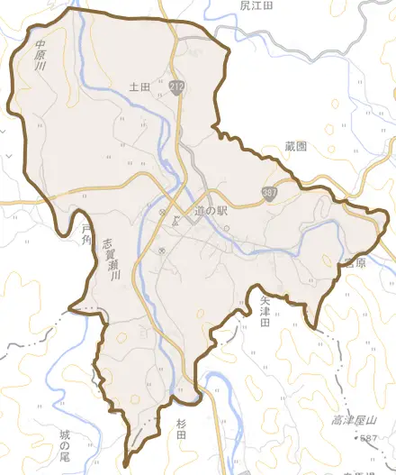 大字宮原とその周辺の地図。町の範囲を重ねている