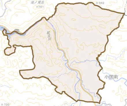 大字下城とその周辺の地図。町の範囲を重ねている
