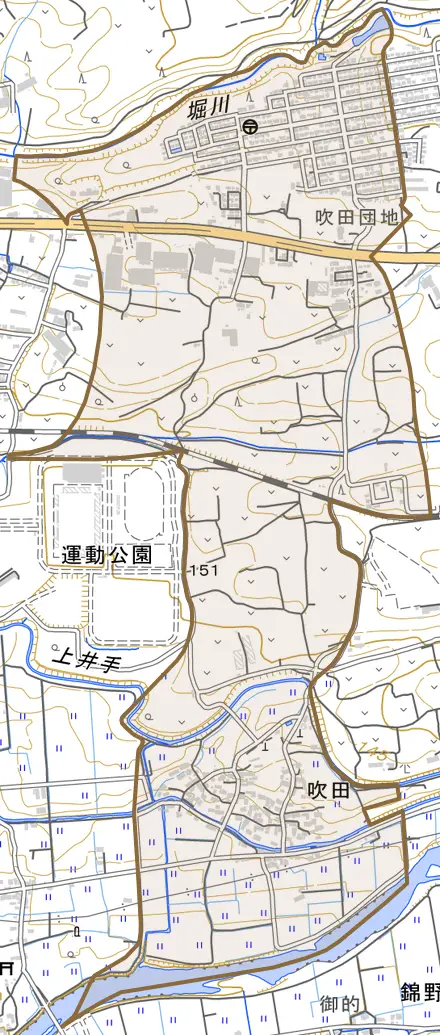 大字吹田とその周辺の地図。町の範囲を重ねている