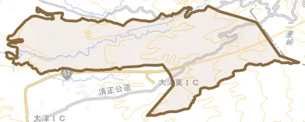 大字古城とその周辺の地図。町の範囲を重ねている