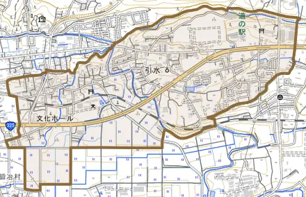 大字引水とその周辺の地図。町の範囲を重ねている