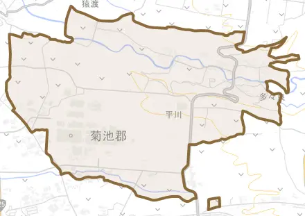 大字平川とその周辺の地図。町の範囲を重ねている