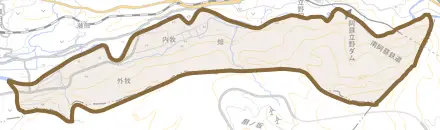 大字外牧とその周辺の地図。町の範囲を重ねている