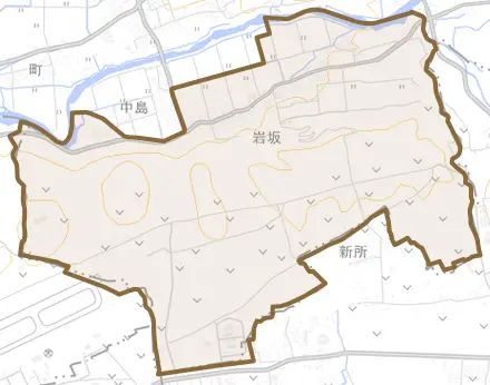 大字岩坂とその周辺の地図。町の範囲を重ねている