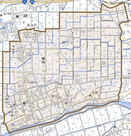 大字陣内とその周辺の地図。町の範囲を重ねている