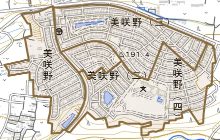 美咲野とその周辺の地図。町の範囲を重ねている