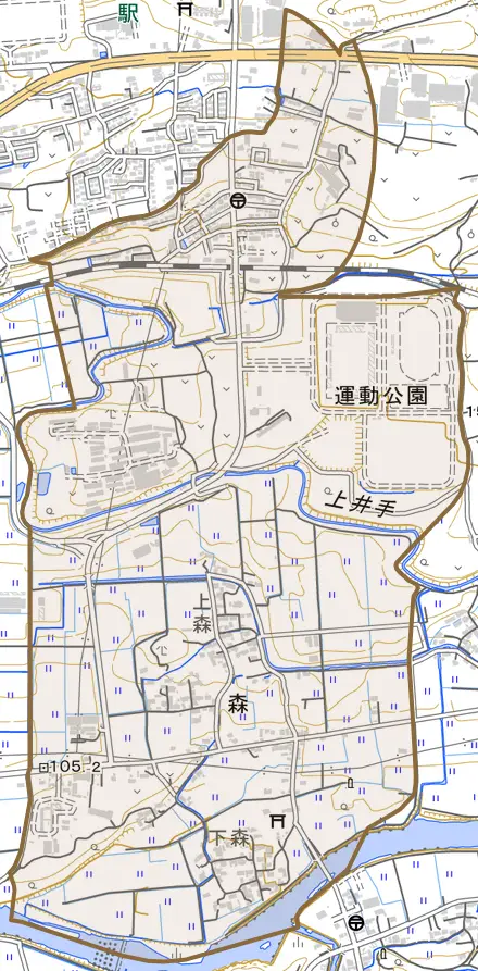 大字森とその周辺の地図。町の範囲を重ねている
