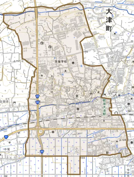 大字室とその周辺の地図。町の範囲を重ねている
