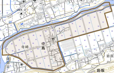大字中島とその周辺の地図。町の範囲を重ねている