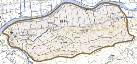 大字錦野とその周辺の地図。町の範囲を重ねている