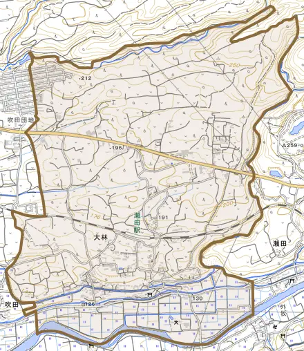 大字大林とその周辺の地図。町の範囲を重ねている