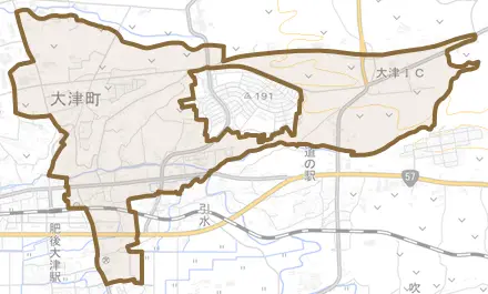 大字大津とその周辺の地図。町の範囲を重ねている