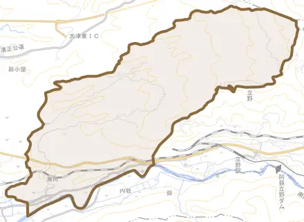 大字瀬田とその周辺の地図。町の範囲を重ねている