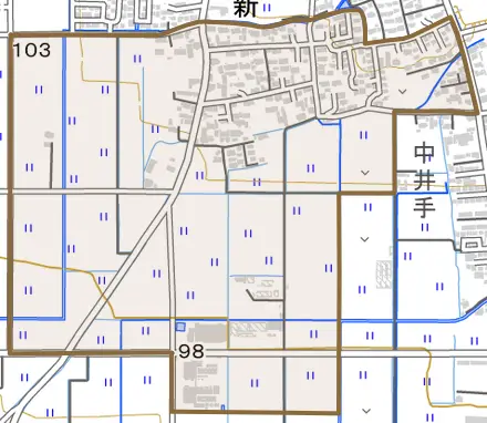 大字新とその周辺の地図。町の範囲を重ねている