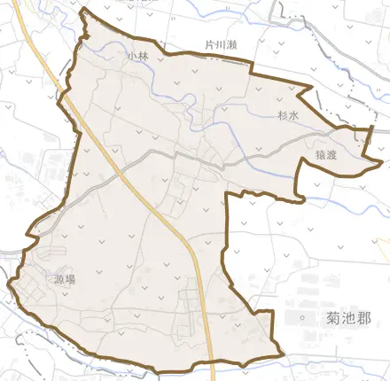 大字杉水とその周辺の地図。町の範囲を重ねている