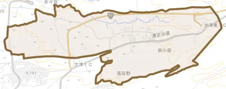 大字高尾野とその周辺の地図。町の範囲を重ねている