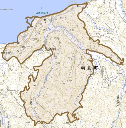 上津深江とその周辺の地図。町の範囲を重ねている