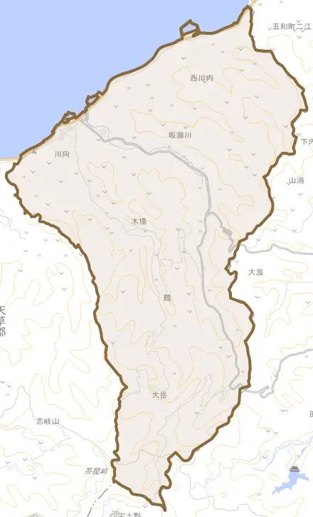 坂瀬川とその周辺の地図。町の範囲を重ねている