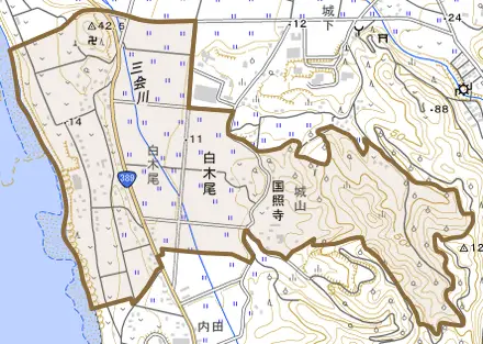 白木尾とその周辺の地図。町の範囲を重ねている
