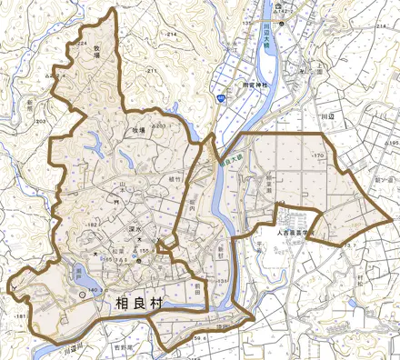 大字深水とその周辺の地図。町の範囲を重ねている