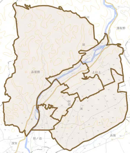 大字川辺とその周辺の地図。町の範囲を重ねている